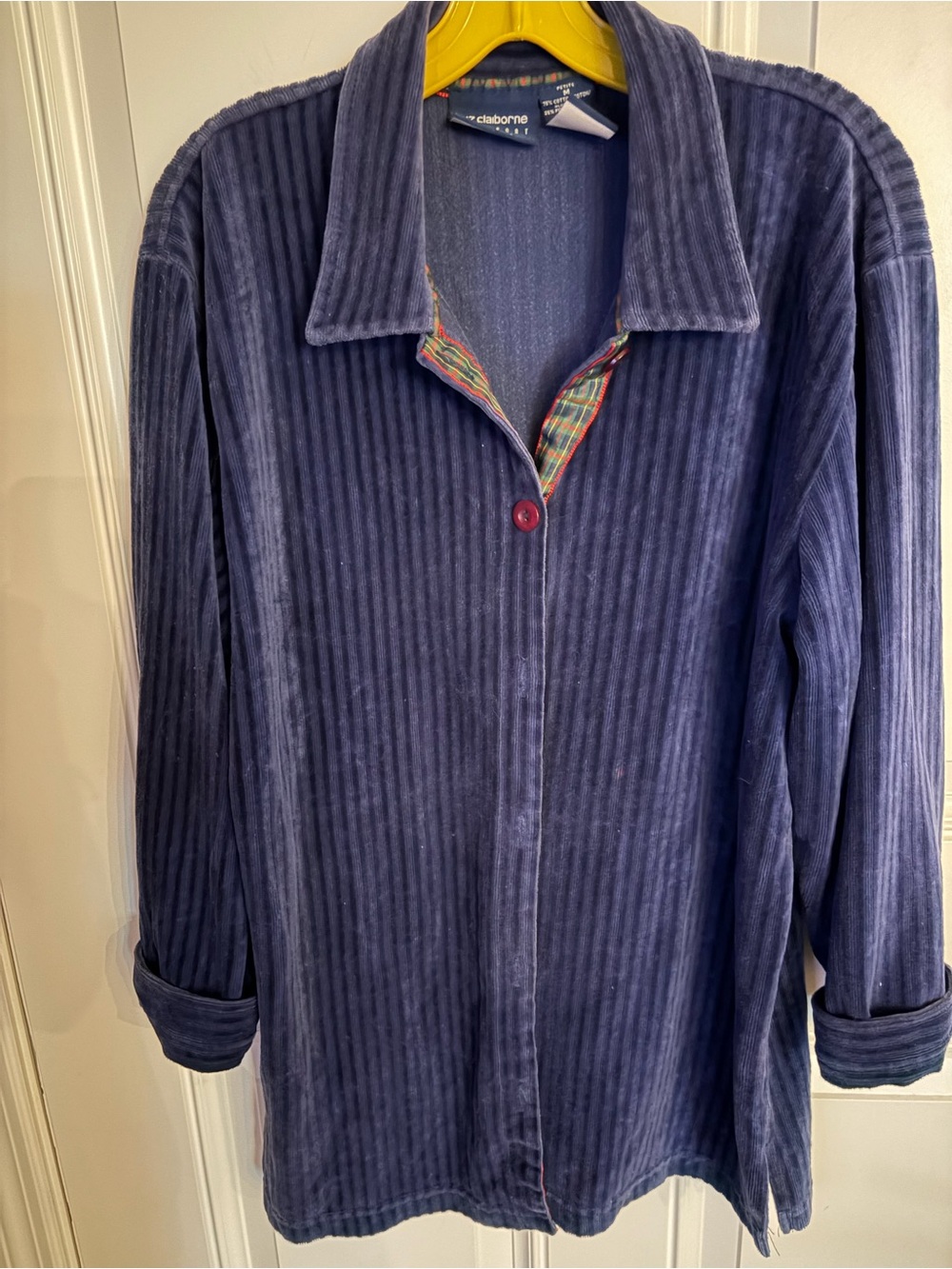 Liz Claiborne Navy Corduroy Button-Down Shirt with Plaid Trim